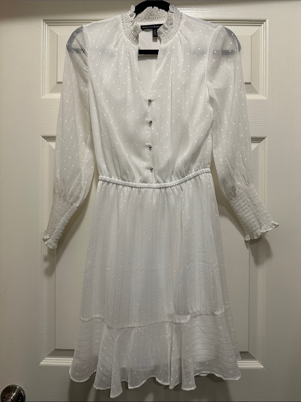 White House Black Market White Swiss Dot Long-Sleeve Ruffle Dress